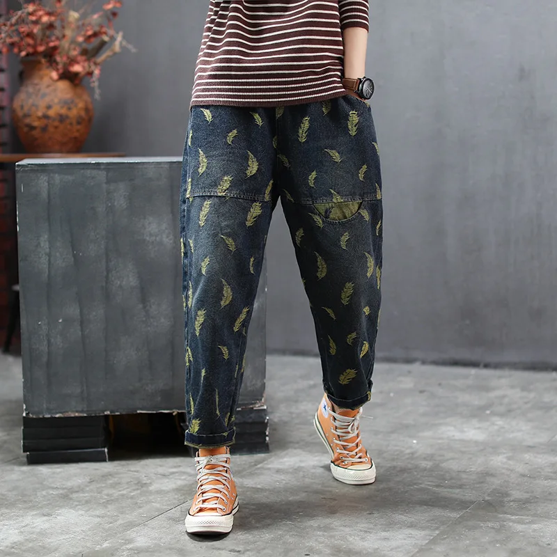 Женские джинсы в стиле ретро с вышивкой листьев винтажные эластичной резинкой на