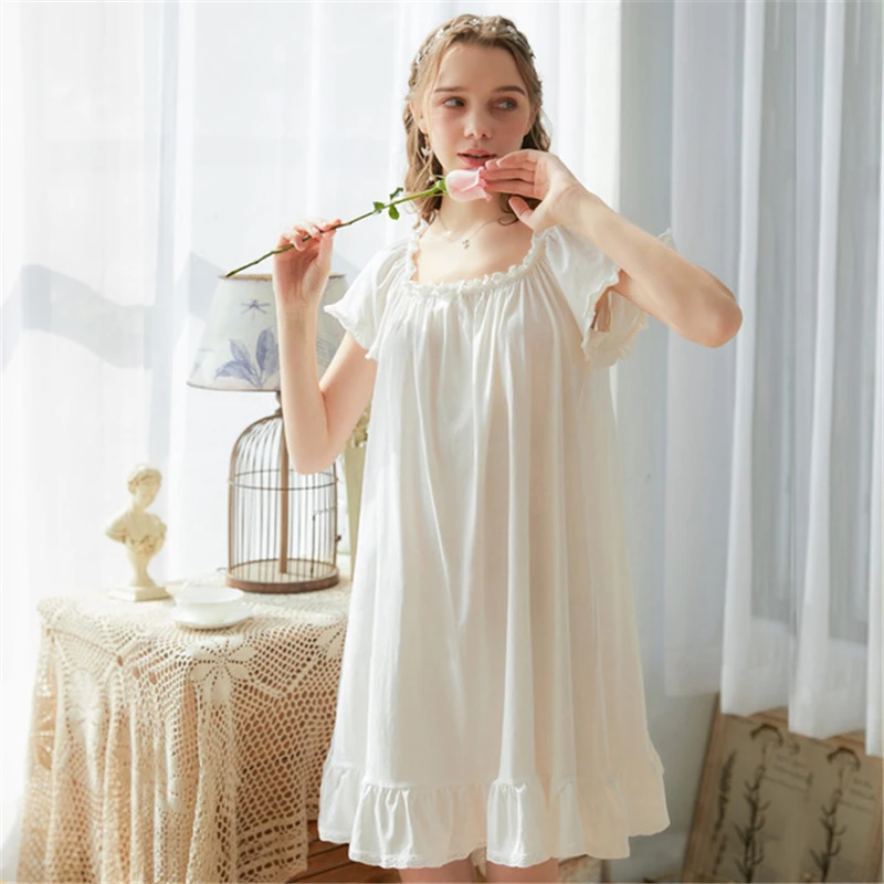 

Nightdress cotton white Nightgown female summer palace style sweet loose loose large size pijama simple home service