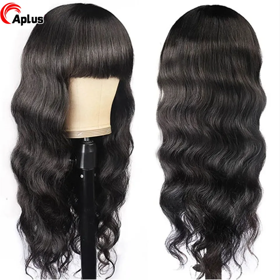 

Indian Wig With Bangs Human Hair Body Wave Wig With Bangs Full Machine Made Human Hair Wigs With Bangs For Black Women 180% Remy