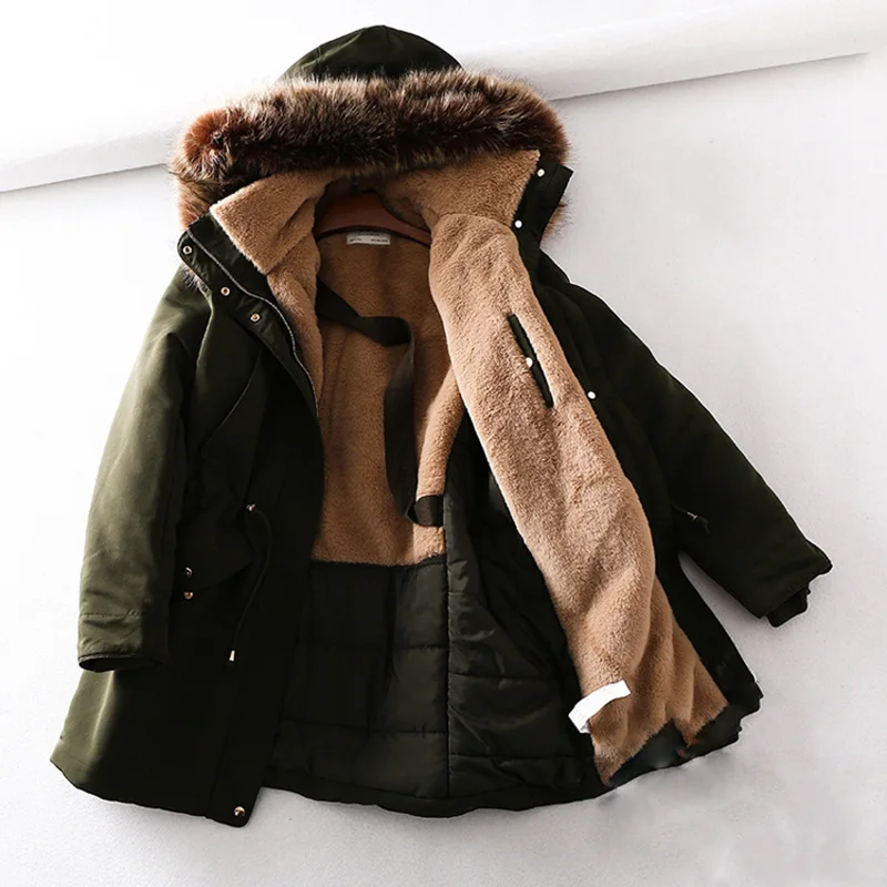 

Winter Pop Big Fur Collar Cotton Down Parka For Women Long Army Green Black Down Jacket Slim Plus Size Warm Coat Female