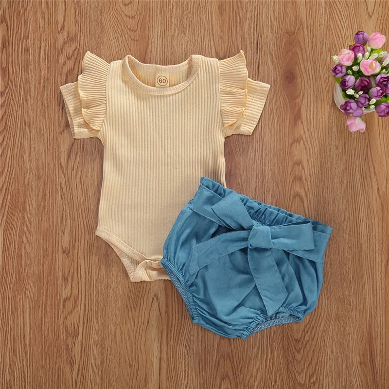 

Baby Girls 2PCS Romper Set, Solid Color Ruffle Short Sleeve Round Neck Button Closure Jumpsuit, Elastic Band Triangle Short Pant