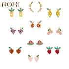 ROXI медь стандартной длины с красочными фруктами с кристаллами циркона, серьги со шпилькой, для женщин, для девочек милые летние ювелирные серьги в виде ананаса персикового дерева