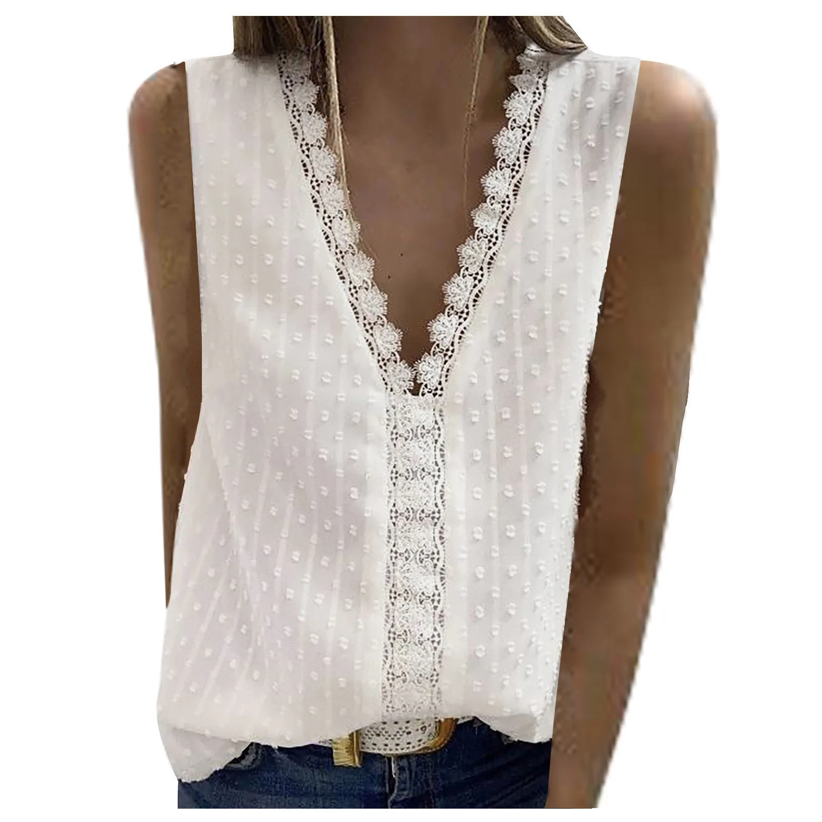

Solid Lace Chiffon Blouse Women Top Sleeveless Casual Blouses Shirts Women Pullover V Neck Fashion Women Tops Ladies Blouses