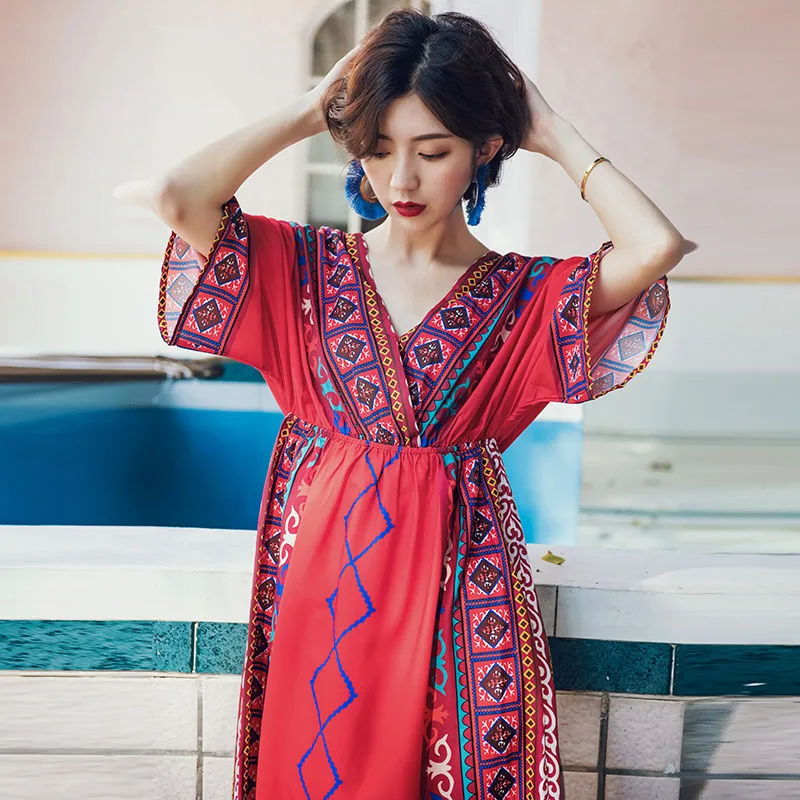 New women clothes 2019 Spring and summer new style Beach dress Bohemian midi Printed Ethnic wind beach | Женская одежда