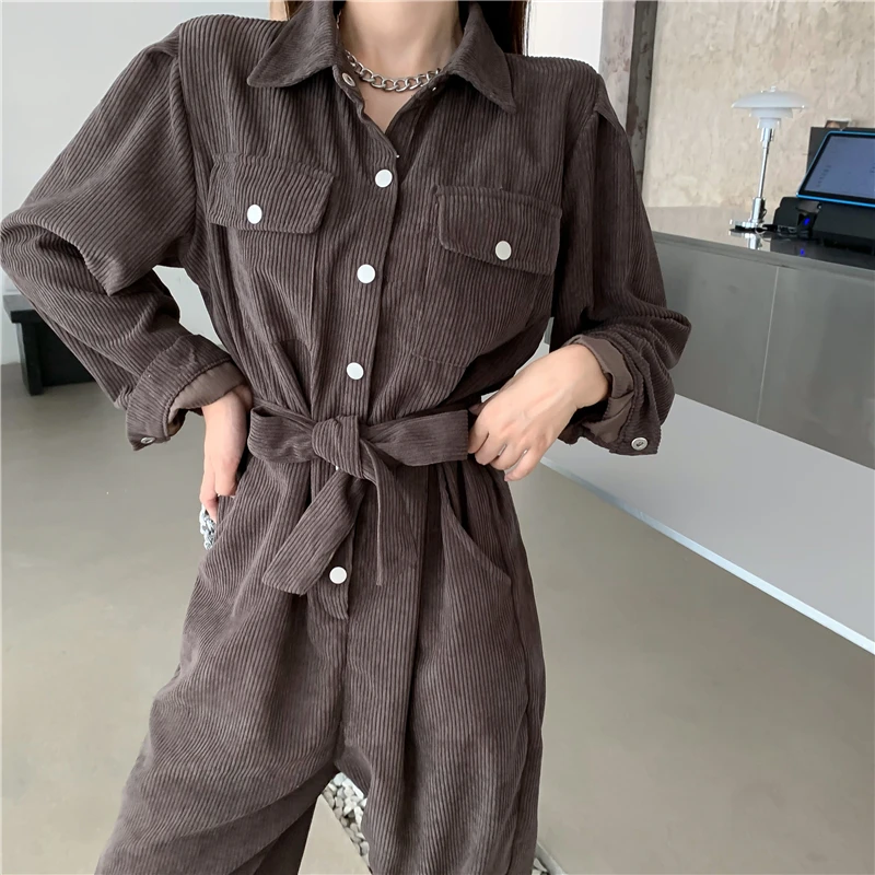 

2021 New Elegant Corduroy Jumpsuit Women Romper Lace Up Office Ladies Overalls Single-breasted Long Sleeve Pants Jumpsuit