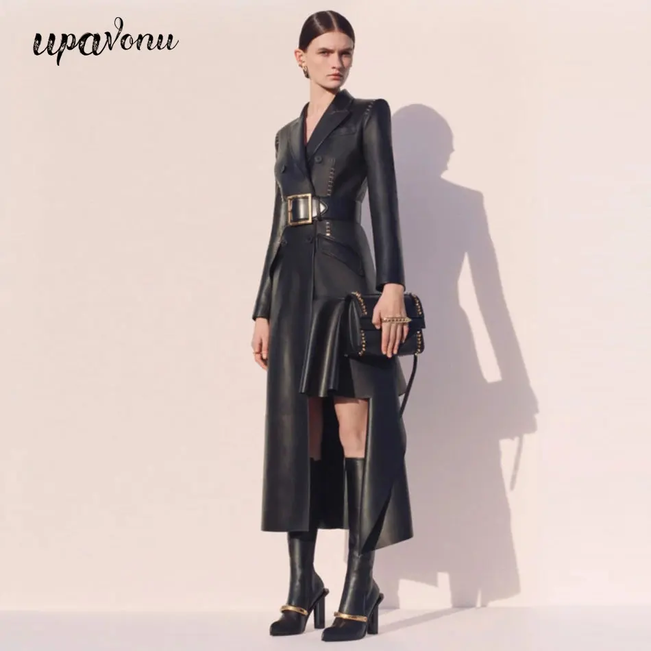 

Free Shipping 2020 Chic Faux Leather Dress Elegant Women Lapel Long Sleeve Belt Double Breasted Marx Dress Club Party PU Dresses