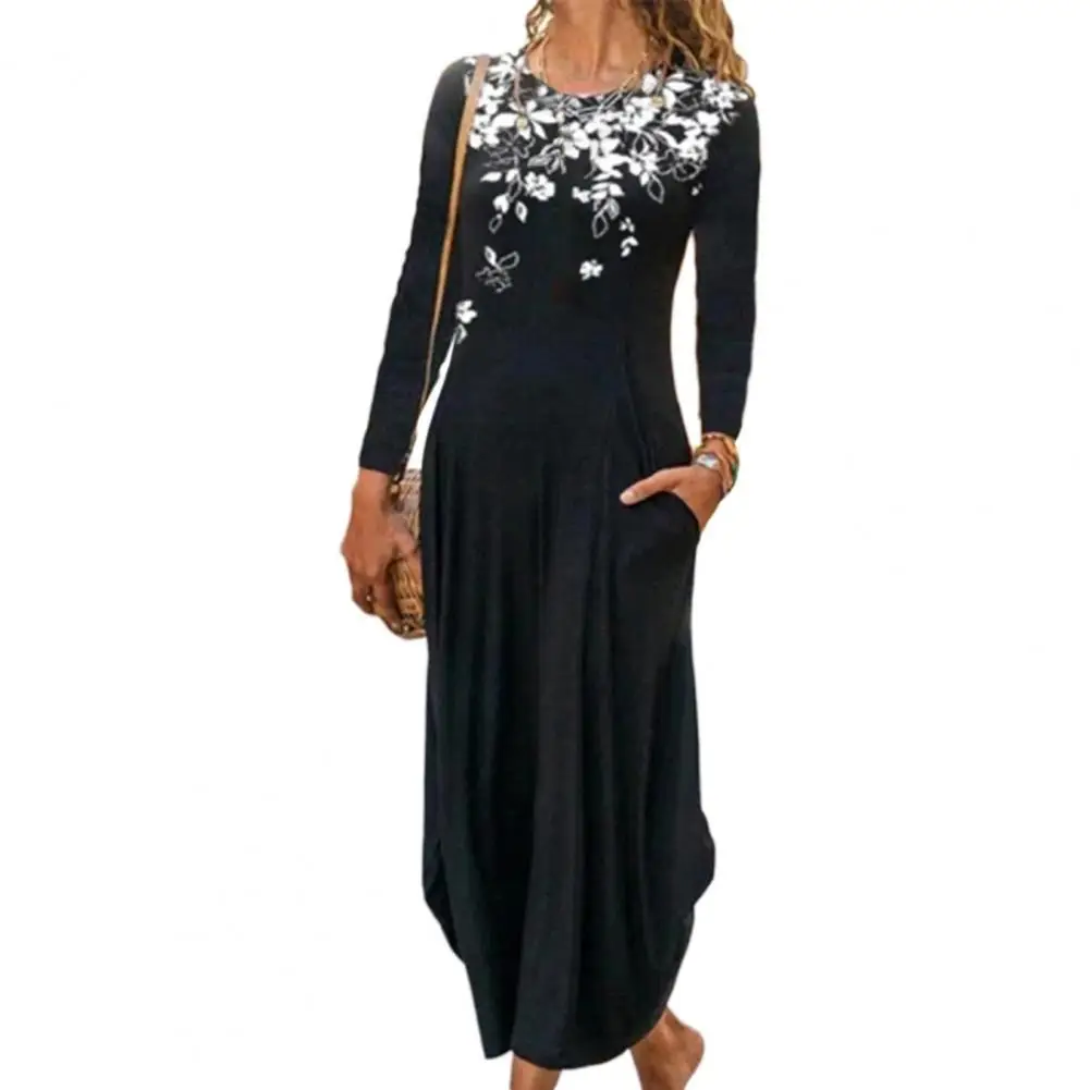 

2021 Autumn Long-sleeved Maxi Dress Women Fashion O-neck Floral Print Patchwork Pocket Irregular Party Vintage Elegant Dress