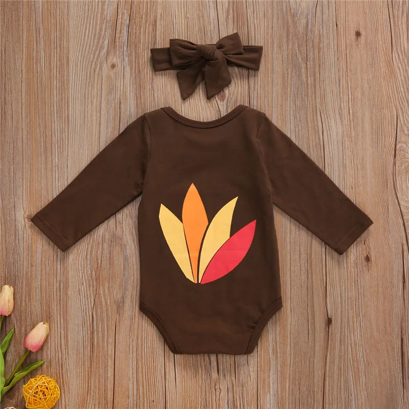 

Baby Girls Cute Turkey Jumpsuits Casual Long-sleeved Triangle Wrapped Romper and Headband