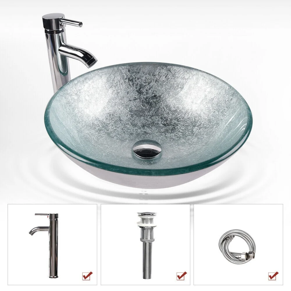 Ванная комната Круглый серебро закаленное стекло сосуд раковина умывальник чаша