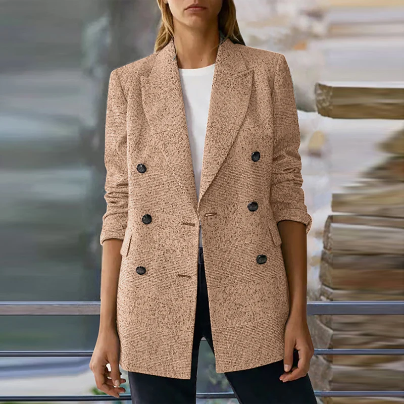 

Женский двубортный Блейзер на пуговицах, элегантная однотонная Повседневная Верхняя одежда, Осенний модный офисный женский деловой костюм...