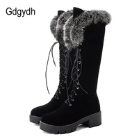 gdgydh lace up winter shoes women snow boots real fur boots women knee high suede thick heel warm outdoor with zip big size 43