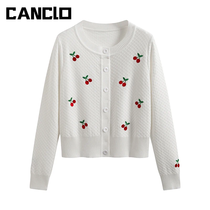 

Fall 2021 Womens Fashion Chic Cherry Embroidered Cardigans Button Knitted Long Sleeve Top Female White Cardigan Elegant Blouse