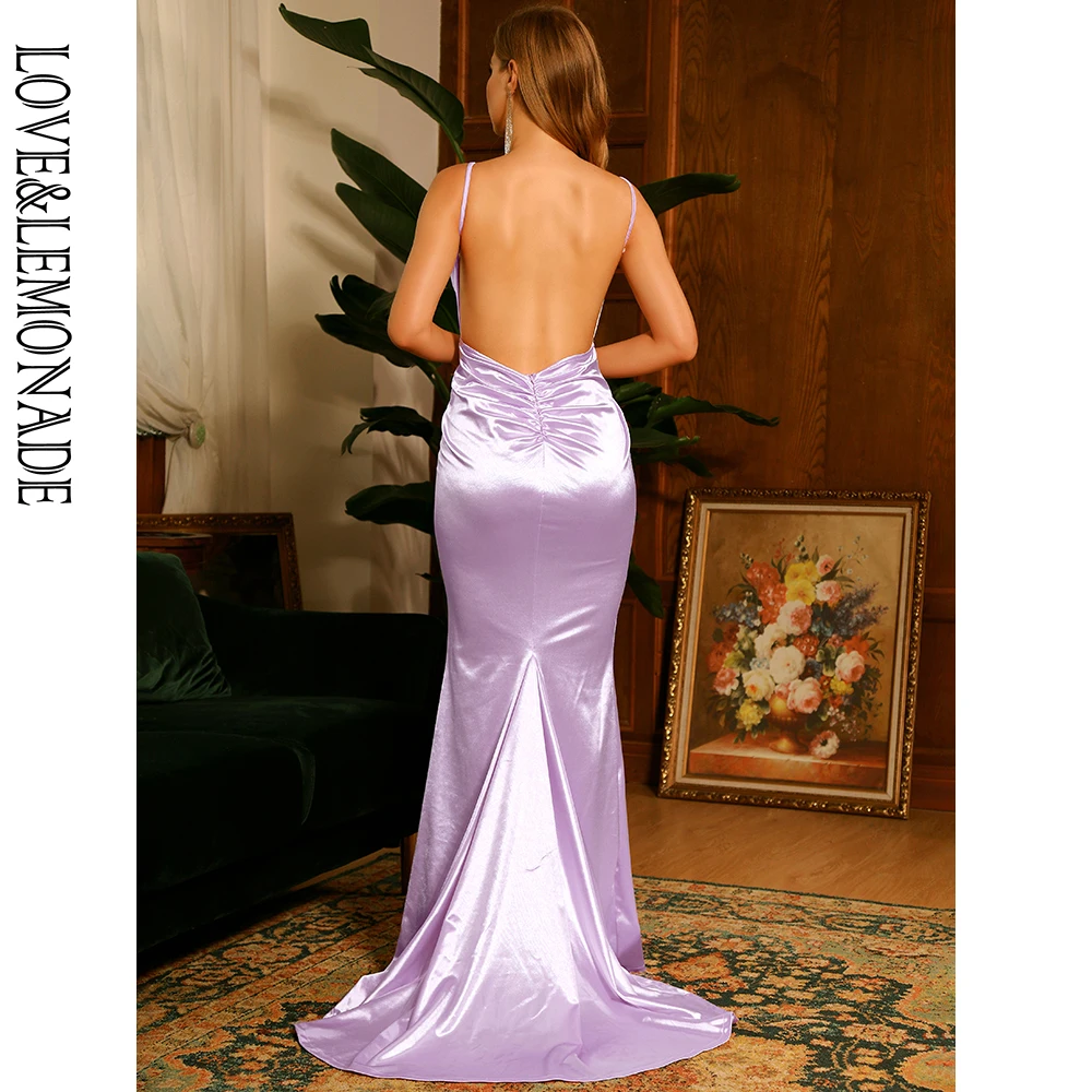 

LOVE&LEMONADE Light Purple Deep V-Neck Open Back Slim Flash Material Maxi Dress LM81222