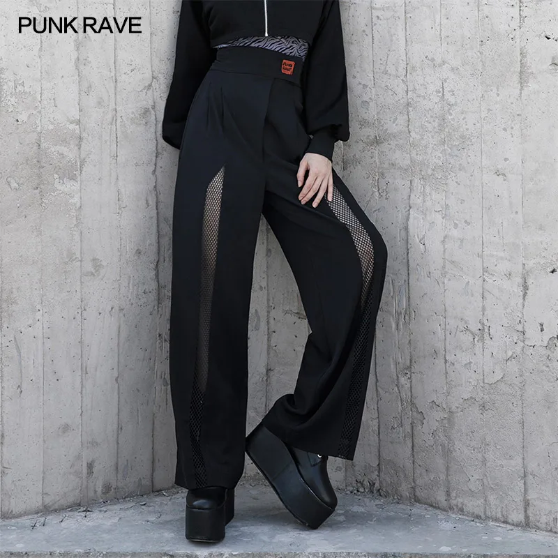 PUNK RAVE Women's National Series High Waist Loose Wide-legged Pants Punk Handsome Geometry Mesh Stitching Black Trousers