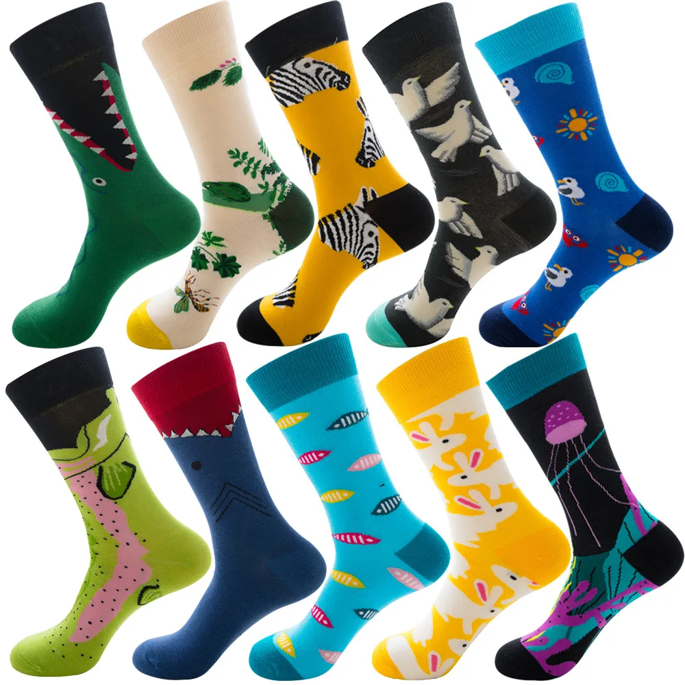 DOIAESKV 10 Pairs/lot Mens Happy Socks Graffiti Animals Sea Food Socks Men Combed Cotton Calcetines Largos Hombre Wholesales