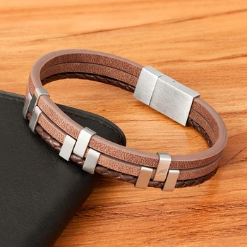 Three-Layer Stitching Stainless Steel Leather Bracelet 4