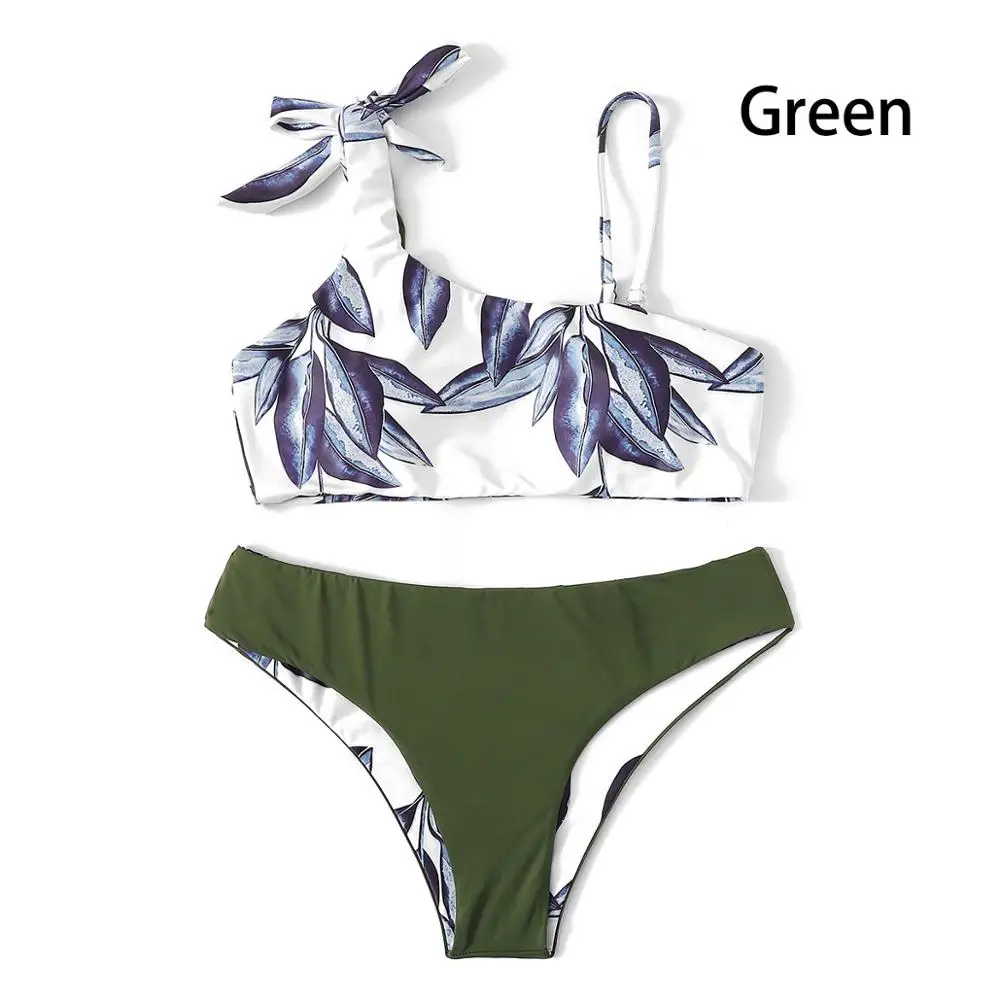 green Yeabiu комплект бикини, купальник, двусторонний, переносной, купальный костюм для женщин, узор в виде листьев, бандо, бикини, купальный костюм, купальник с бантом - Цвет: green