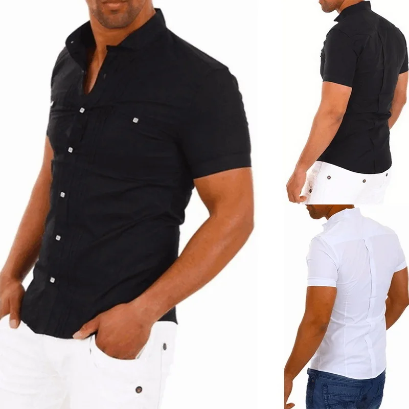 Брендовая мужская рубашка с коротким рукавом Slim Fit черная белая со стоячим