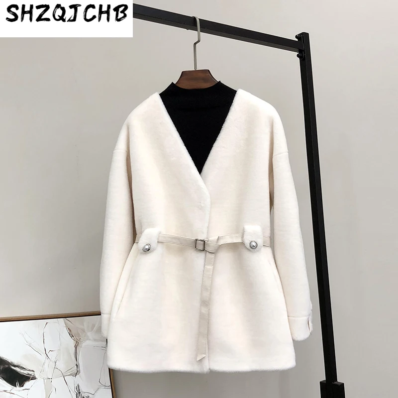 

SHZQ шерстяное пальто для стрижки овечьей шерсти женское Композитное меховое пальто с одной талией с V-образным вырезом молодая красная сетка