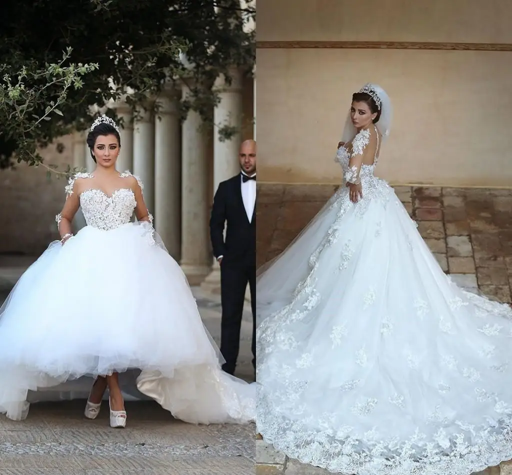 

Fashion Bridal Dress Illusion Bodice Strapless Poet Lace 3D-Floral Appliques Empire Court Train Princess Ball Gown Wedding Dress