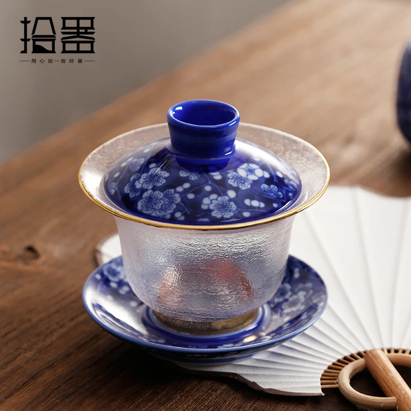 Эмалированная цветная термостойкая стеклянная чаша с тремя чашами чайная