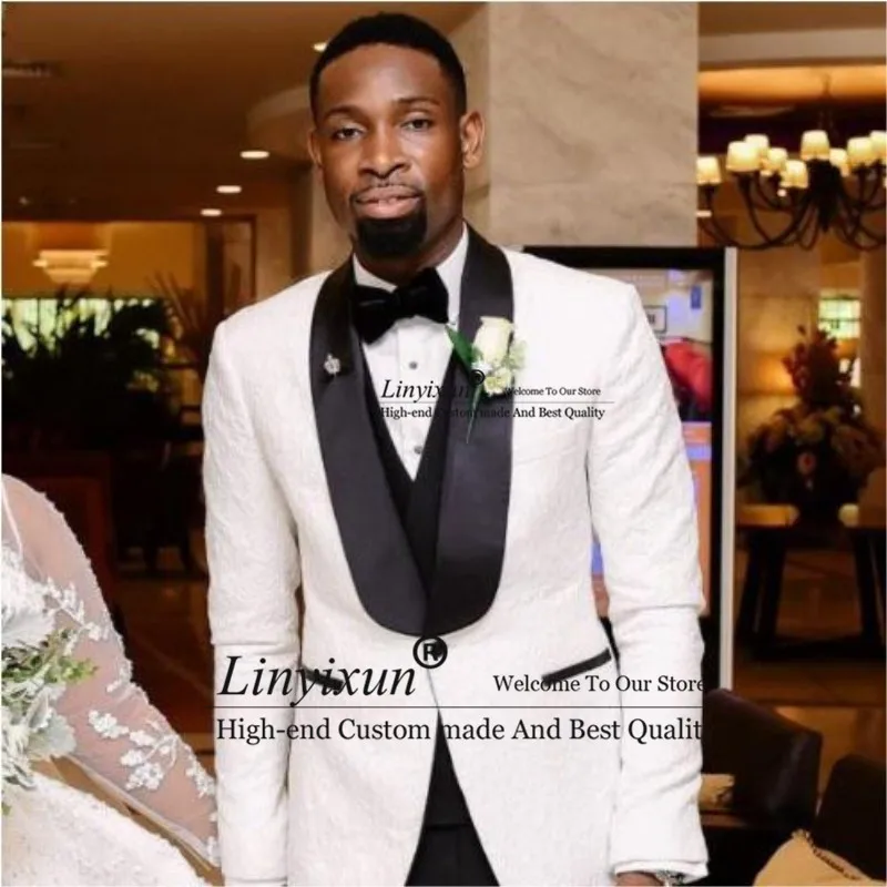 

Pattern Groomsmen White and Black Groom Tuxedos Shawl Lapel Men Suits Wedding Best Man ( Jacket+Pants+Vest ) 2020 costume homme
