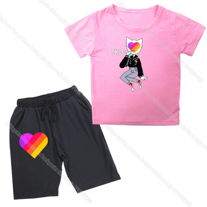

Hot Sale Kids Likee App Short Sleeve Shorts Suit Rainbow Panda Boys Girls LIKEE Video T Shirt Casual Suit Tee Children Tops