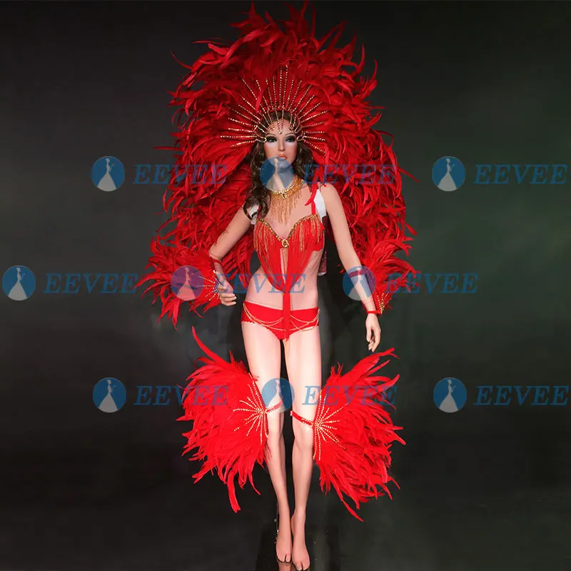 

Танцевальный Костюм с красными перьями, комплект для танцев GOGO, outfitTeam Passion, Samba, сценический костюм для выступлений