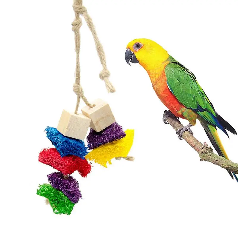 

Bird Chewing Toy Natural Wood Blocks Hemp Rope Bird Cage Toy Parrot Hanging Toy Colorful Toy Parrot Cage Decor Toy Bite Toy