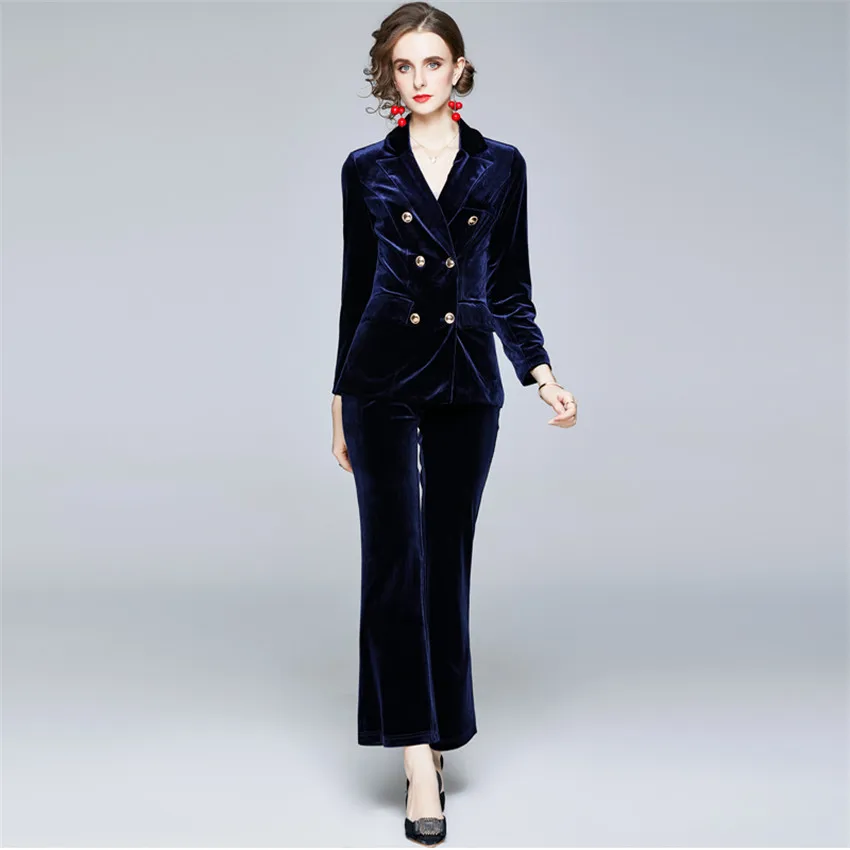 

Autumn Winter Velvet Blazer 2 Piece Set Women High Quality Fashion Two Piece Pants Sets Ladies Vintage Office Outfist
