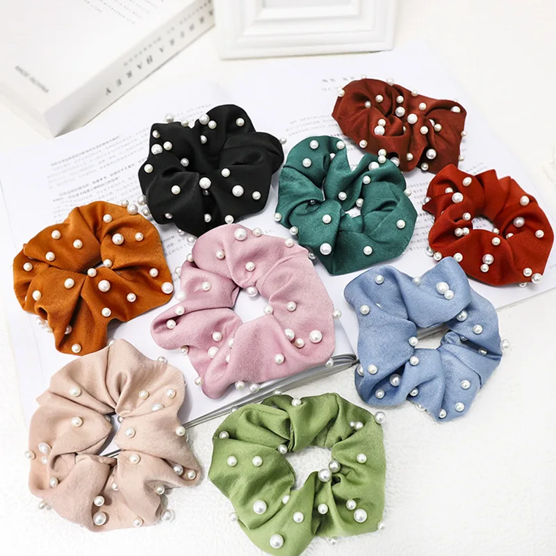 

Ручной работы с жемчужной отделкой, Scrunchies резинки для волос сплошной цветной головной убор для женщин платье в складку для девочек резинка ...