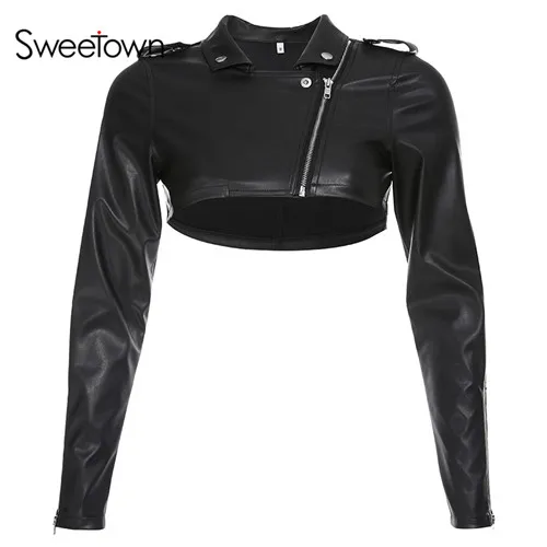 black Sweetown Black Steampunk Bomber Leather Jacket Epaulet Zipper Short Woman Jacket Turn Down Collar Streetwear Jackets Autumn - Цвет: black