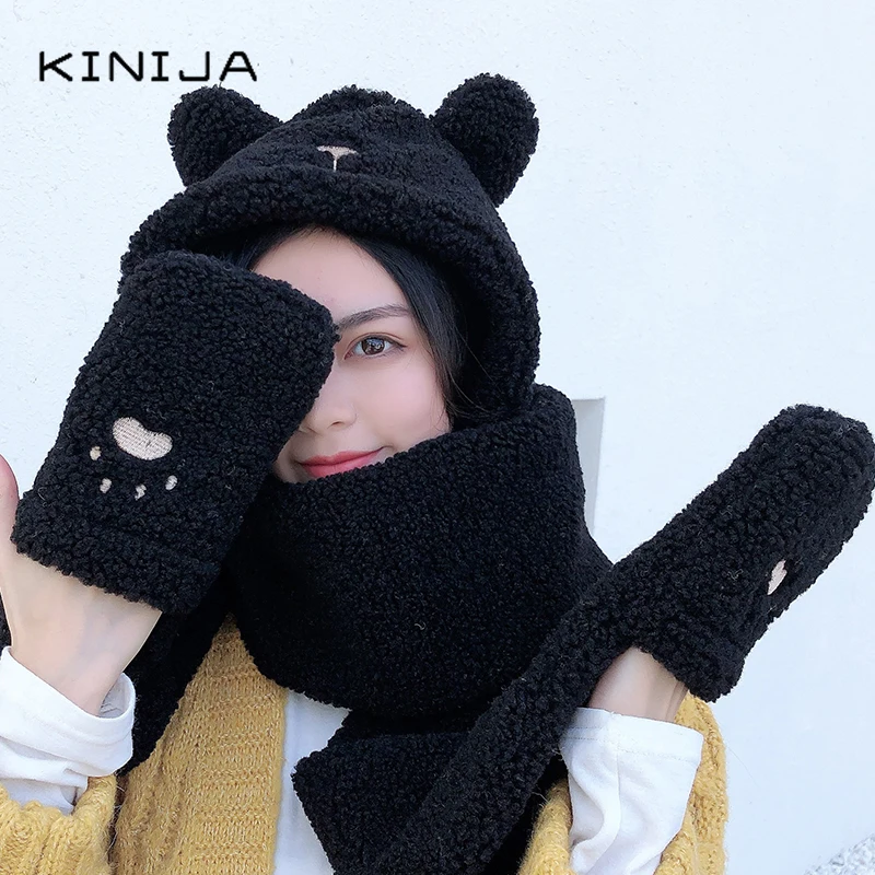 Милая шапка шарф и перчатки Bear Ear в комплекте сплошной цвет яркая теплая Новинка