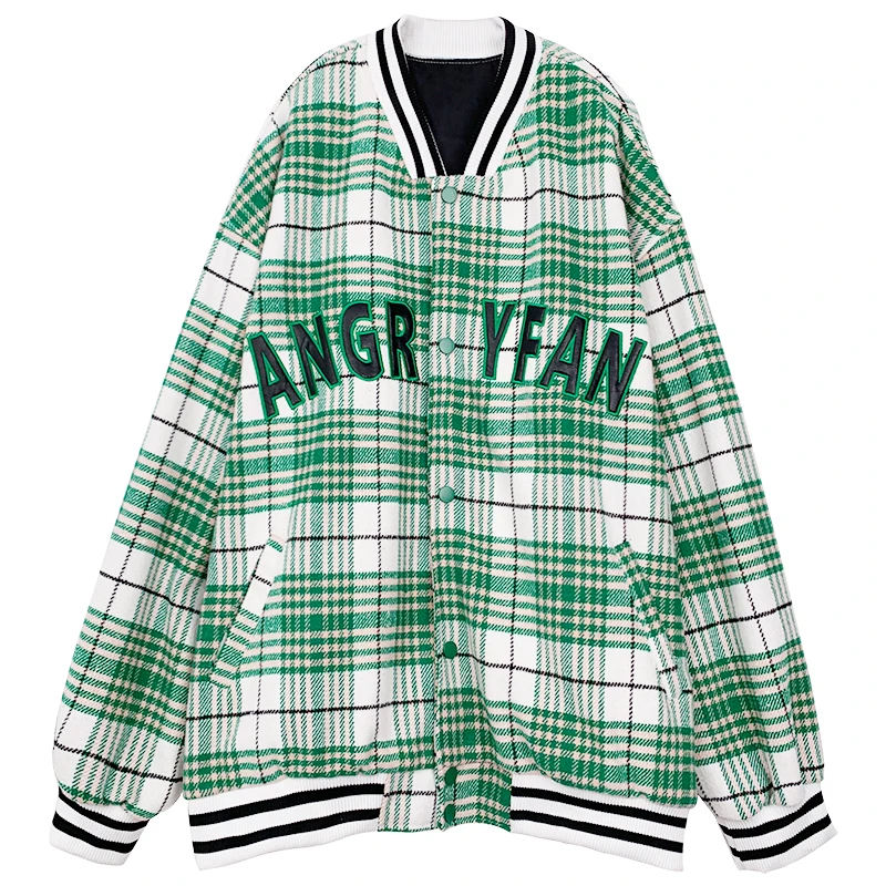 

NEW Hip Hop Green Plaid Letter Baseball Jackets for Women Korean Coats Button Up Oversized American Streetwear Couples Plus Size