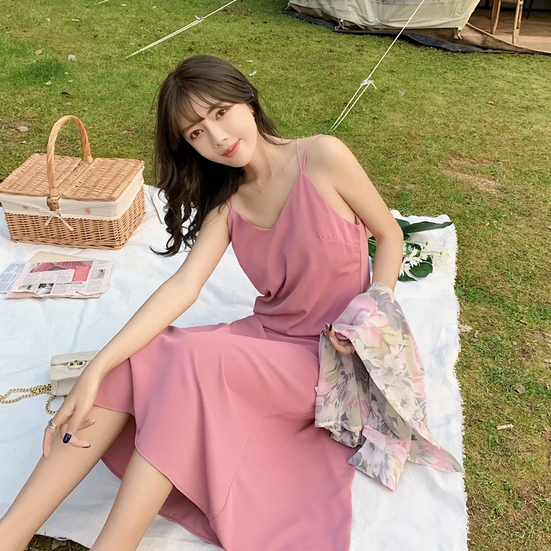

2021 summer style ~ live video French romantic solid color suspender holiday purple black dress