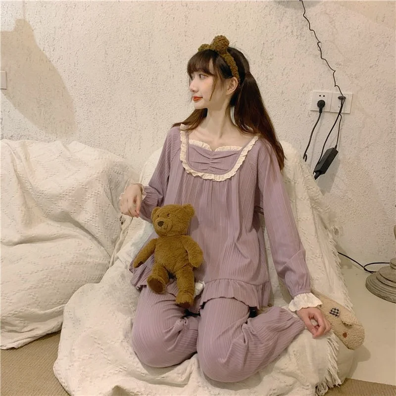 QWEEK Autumn Pajamas Womens Two Piece Sets Ruffles Bow Pijamas Kawaii Solid Color Pyjamas Purple Bule Sleepwear Home Clothes