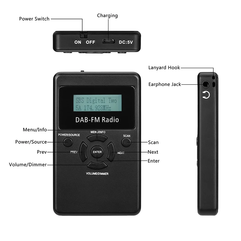 Мини стерео радиоприемник портативный цифровой DAB + FM с наушниками только для