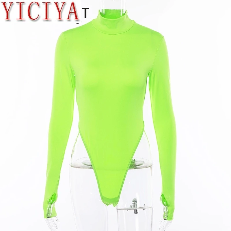 

YICIYA Autumn Winter Neon Color Mock Neck Women Bodysuit 2020 Skinny Playsuit Mock Neck Long Sleeve Jumpsuit Female Romper