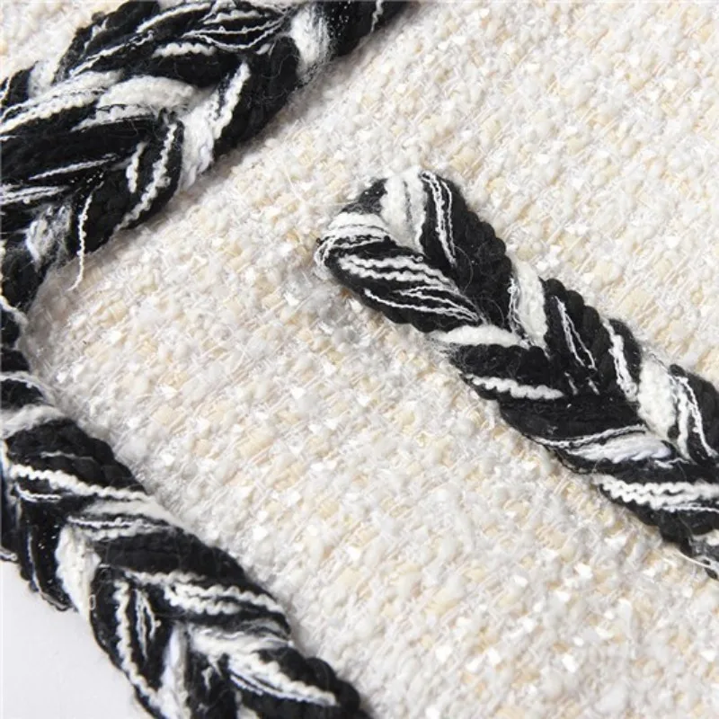 

Office Ladies Elegant Tweed Jacket Round Neck White Black Knit Cardigan Jackets Autumn Patchwork French Retro Women Outerwear