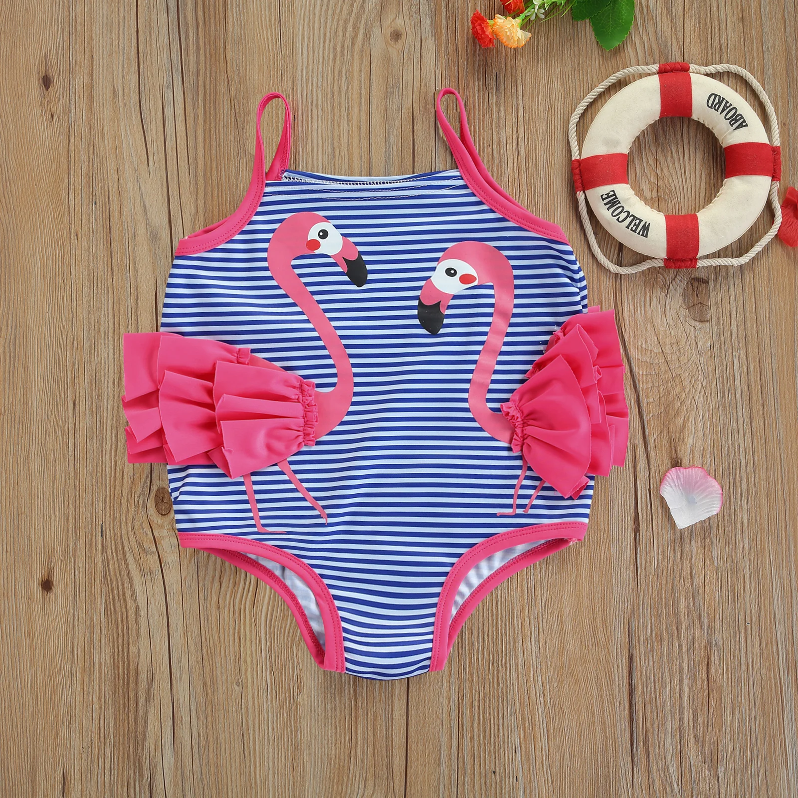 

2021-04-21 Lioraitiin 0-4Years Toddler Baby Girl Fashion Swimming Bodysuit with 3D Flamingo Horizontal Stripes Summer Clothing