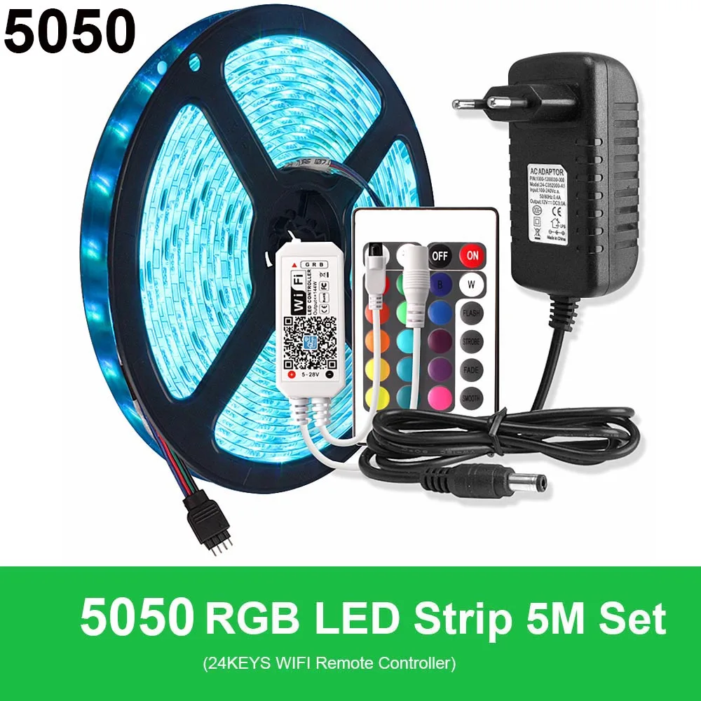 5050 24keys Wifi Set DC 12 В RGB Светодиодная лента Водонепроницаемая 220 В Tira светодиодный Wifi 12 В лента RGB лента 5050 Неоновая Гибкая лента светильник Bluetooth адаптер дистанционного питания - Испускаемый цвет: 5050 24keys Wifi Set