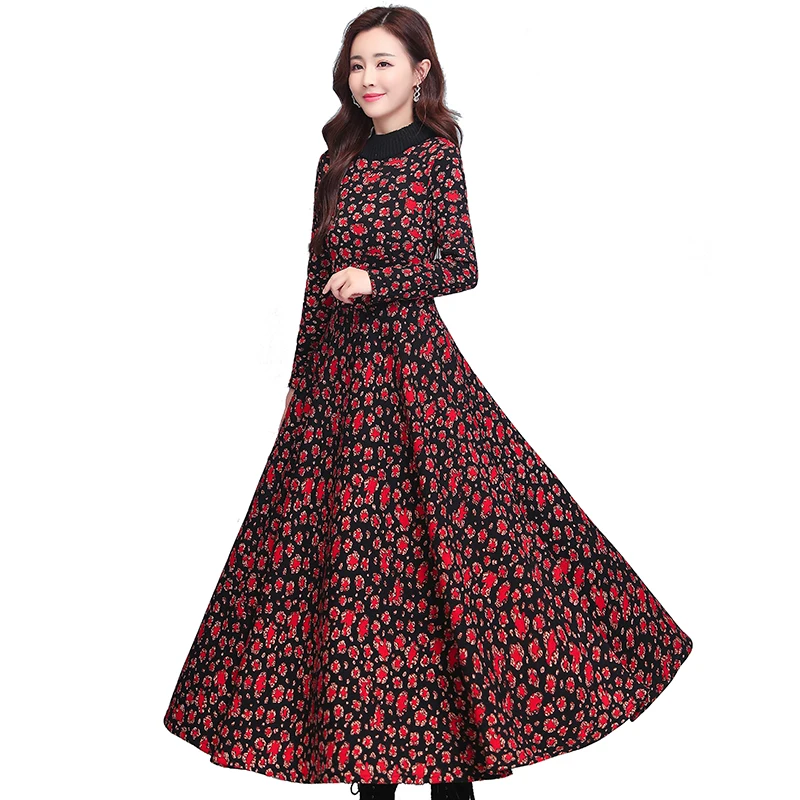 

2021 Vintage Plus Velvet Warm Thicken long sleeve Dress Spring Winter Plus Size Dress Elegant Women Bodycon Party Maxi Vestidos