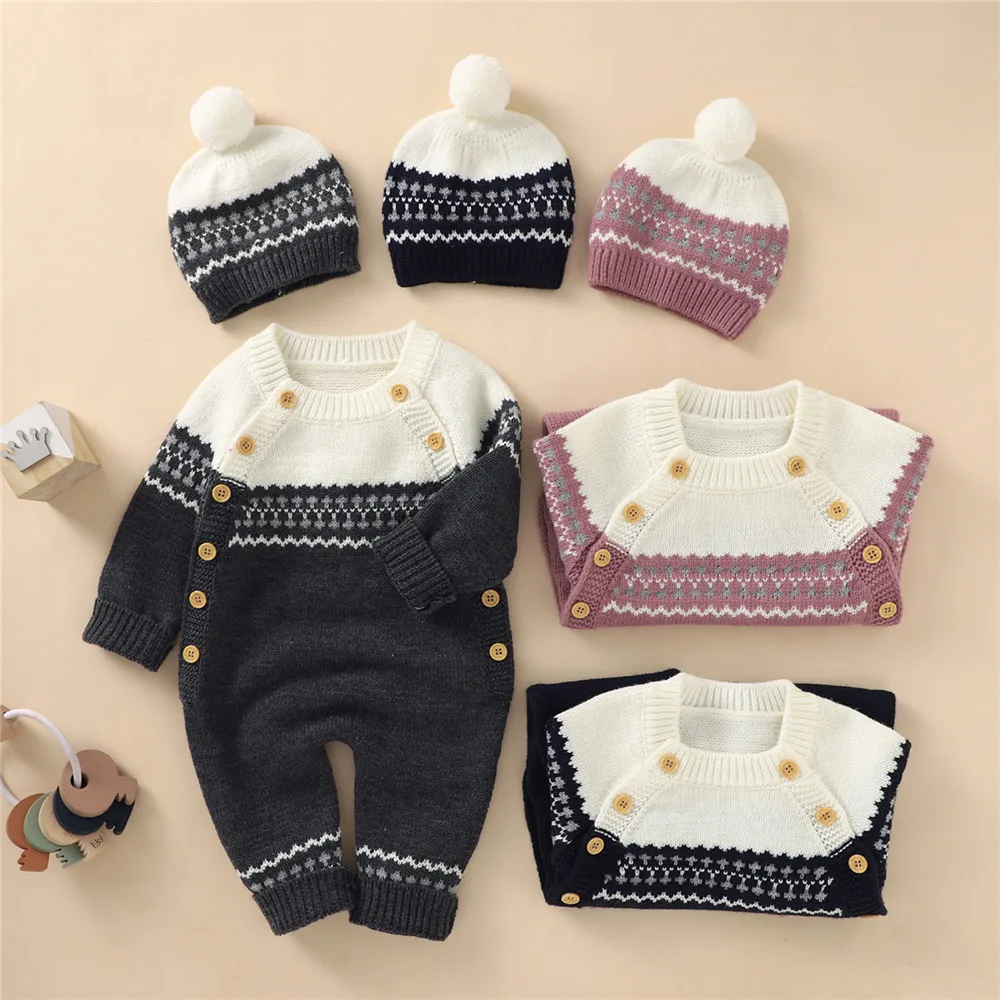 

Baby Boy Girl Winter Warm Sweater Romper with Hat 0-18M Newborn Infant Toddler Casual Cotton Long Sleeve Crew Neck Jumpsuits