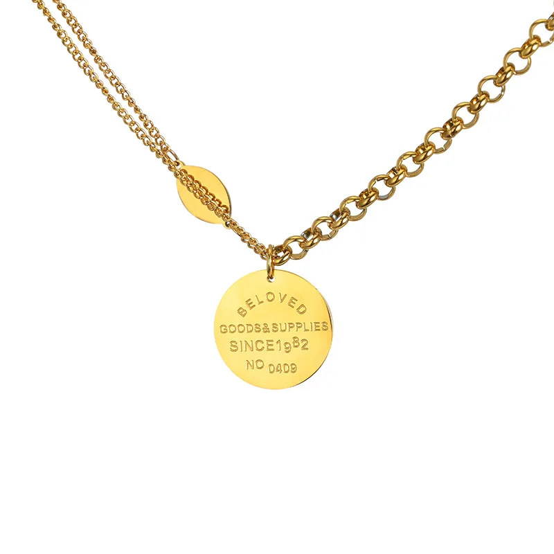 

Round letter necklace female fashion stainless steel oval pendant accessories 2020 asymmetric chain design jewelry