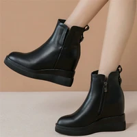 platform creepers women genuine leather wedges high heel ankle boots female high top round toe fashion sneakers casual shoes