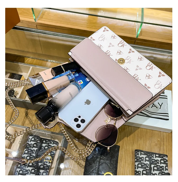 

Top Quality Luxury Brand 2021 New Fashion Leather High Sense Printing Letters Simple Shoulder Messenger Chain Small Square Bag
