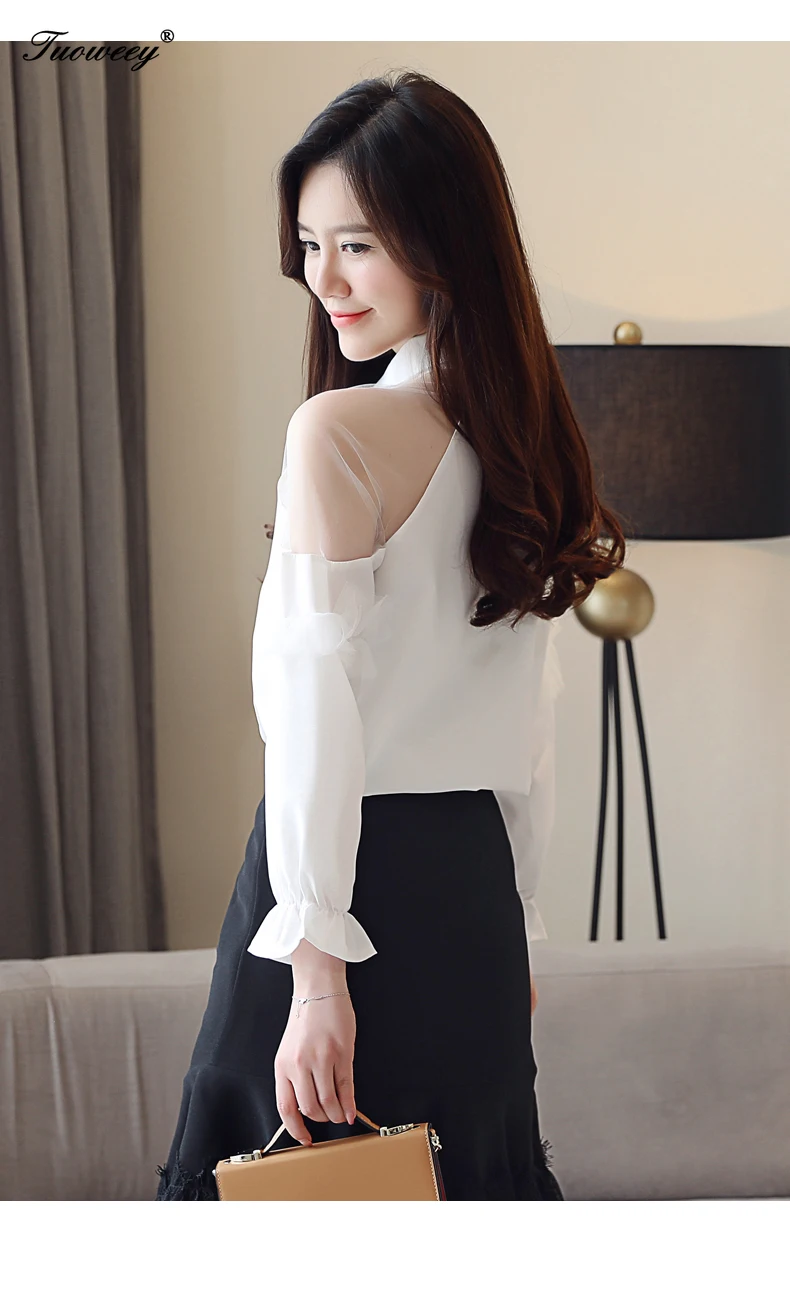 

2019 New Long Sleeve Elegant Shirt shoulder off sexy Sexy Femme Tops Blusas Fashion Office Lady Casual Hollow Chiffon Shirt