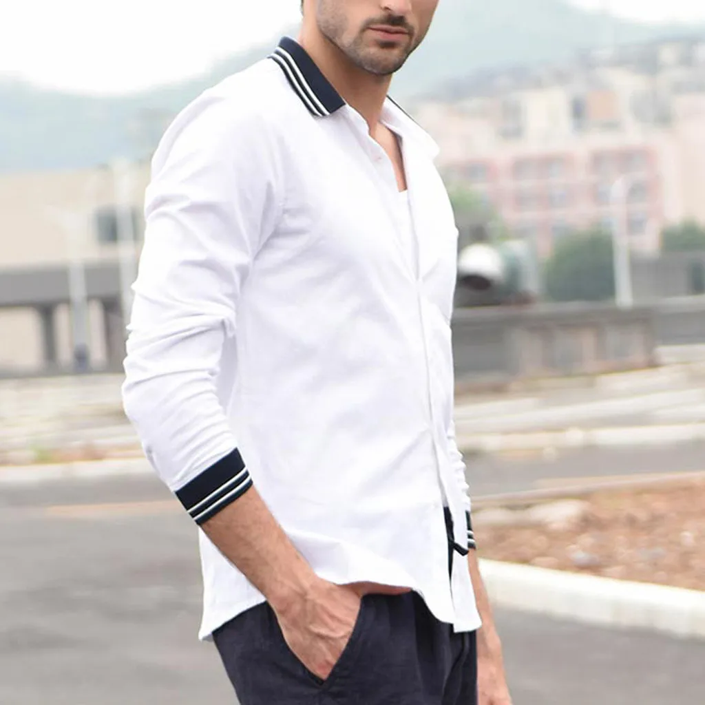 Camisa Masculina мужские винтажные однотонные льняные рубашки на пуговицах с длинными