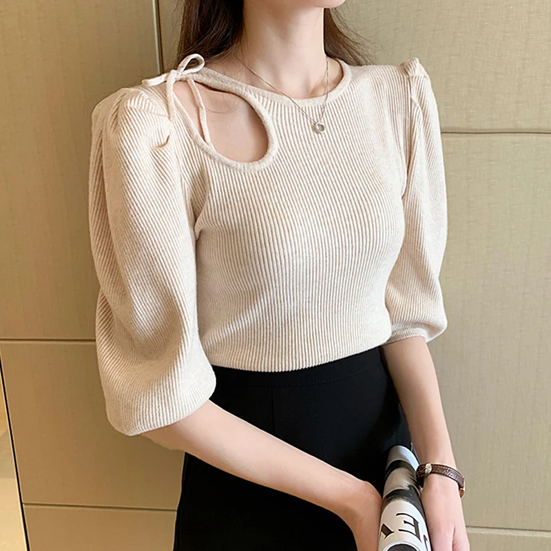 

2021 Summer Knitted woman tshirts harajuku Hollow Out Puff Sleeve Female Tops Slim Casual Cotton Ladies Tees mujer camisetas