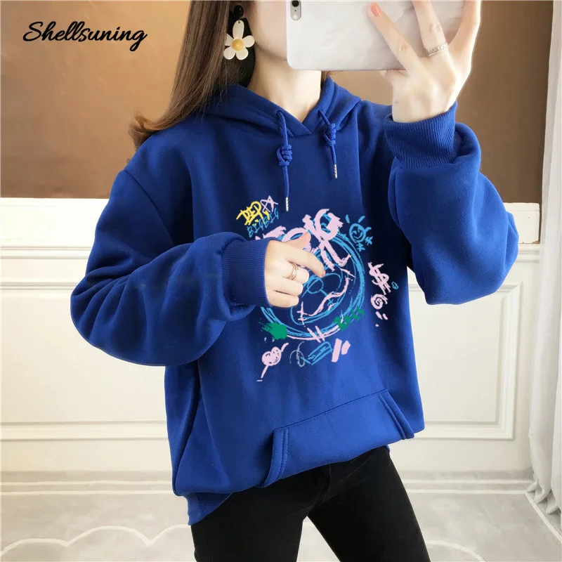 

Shellsuning Long Sleeves Plus Velvet Printing Women Hoodis Sweatshirts New Winter Harajuku All-match Loose Casual Pullovers